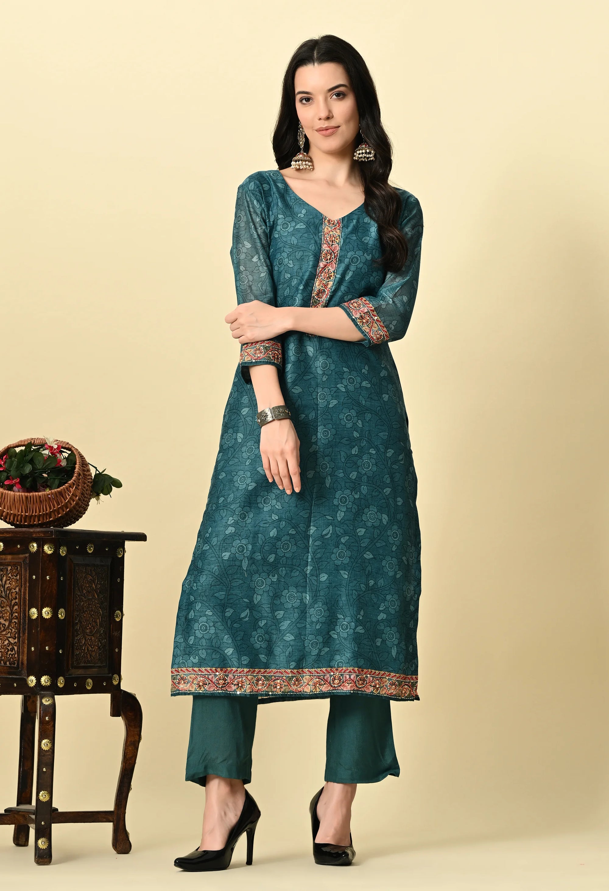 Teal Green Chanderi Kurta Set_3_Trisukh Clothing 