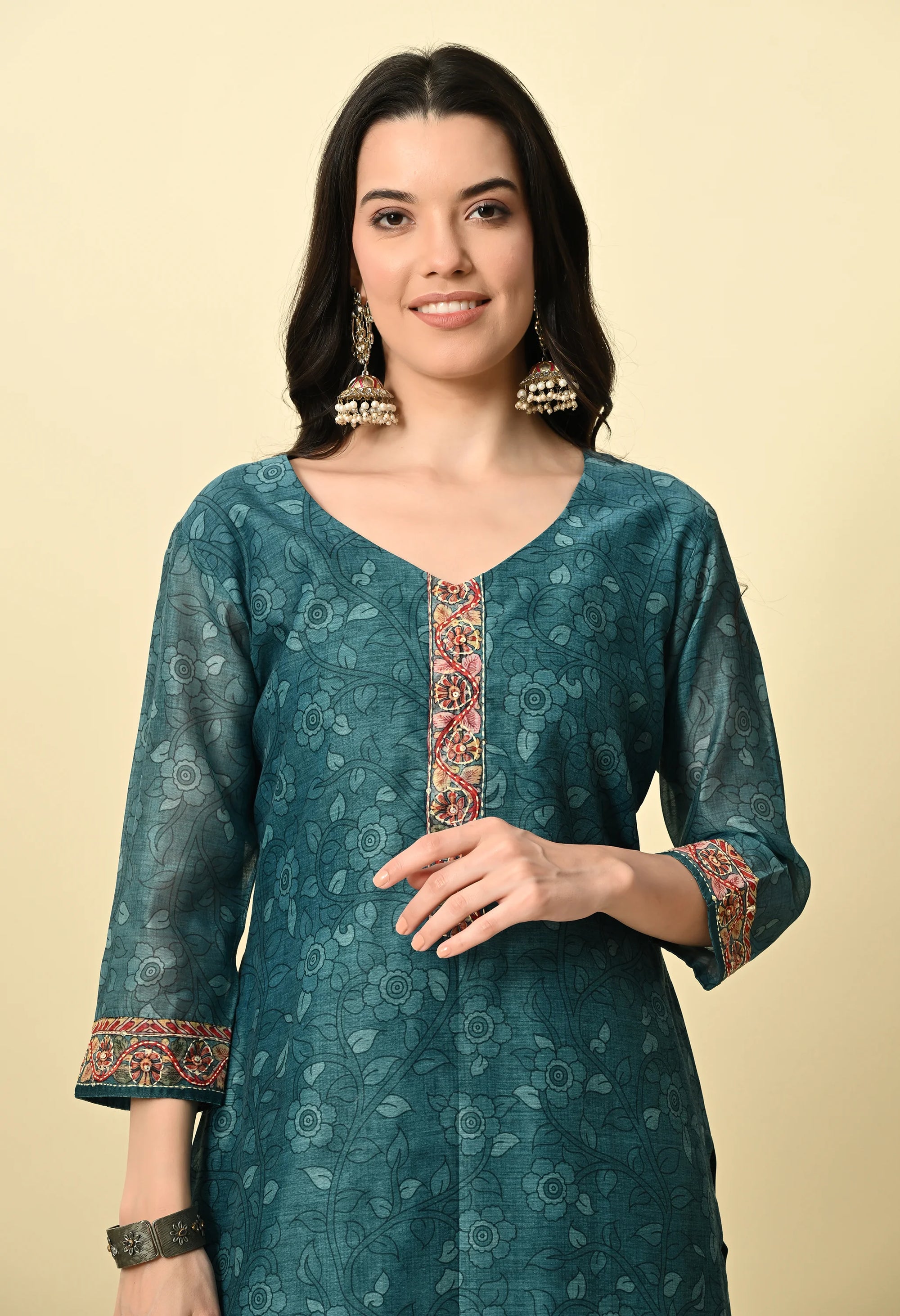 Teal Green Chanderi Kurta Set_4_Trisukh Clothing 