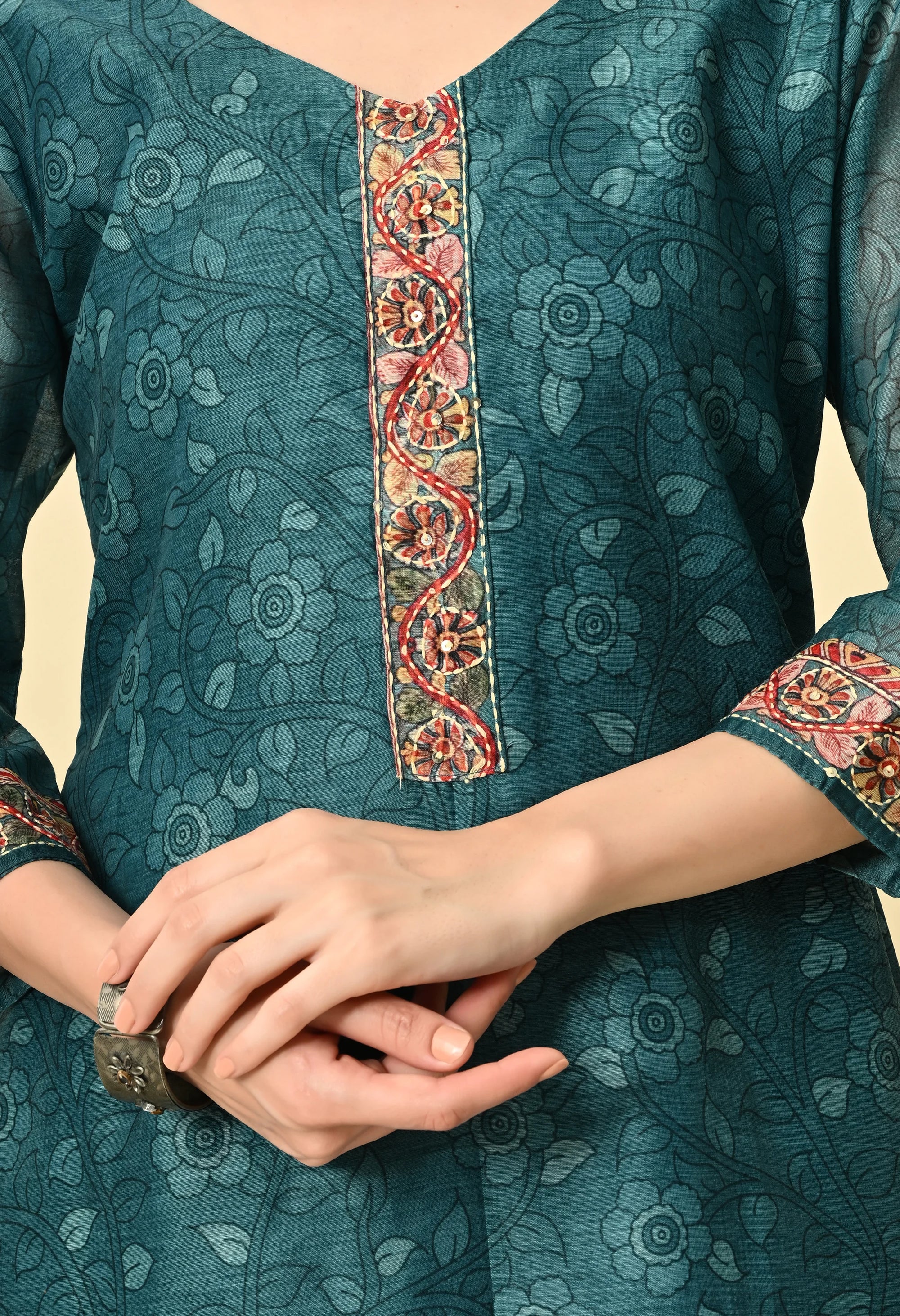 Teal Green Chanderi Kurta Set_5_Trisukh Clothing 