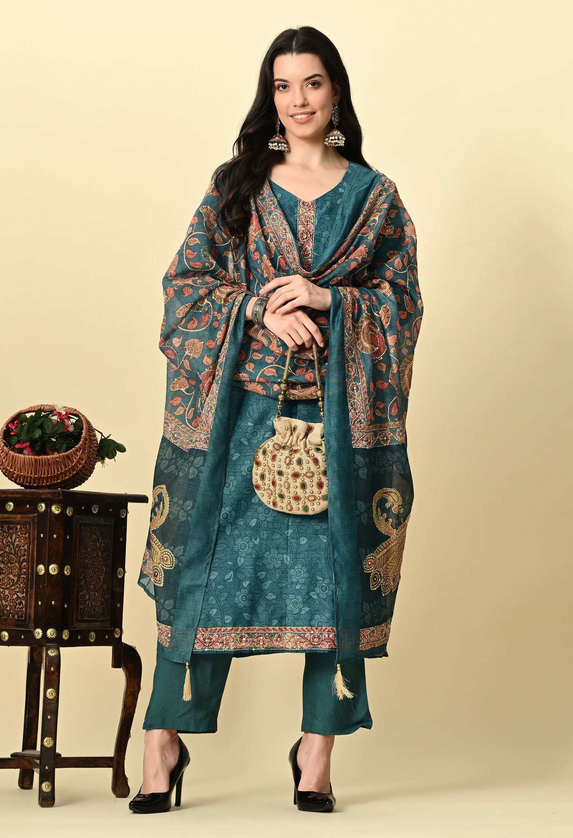 Teal Green Chanderi Kurta Set_6_Trisukh Clothing 