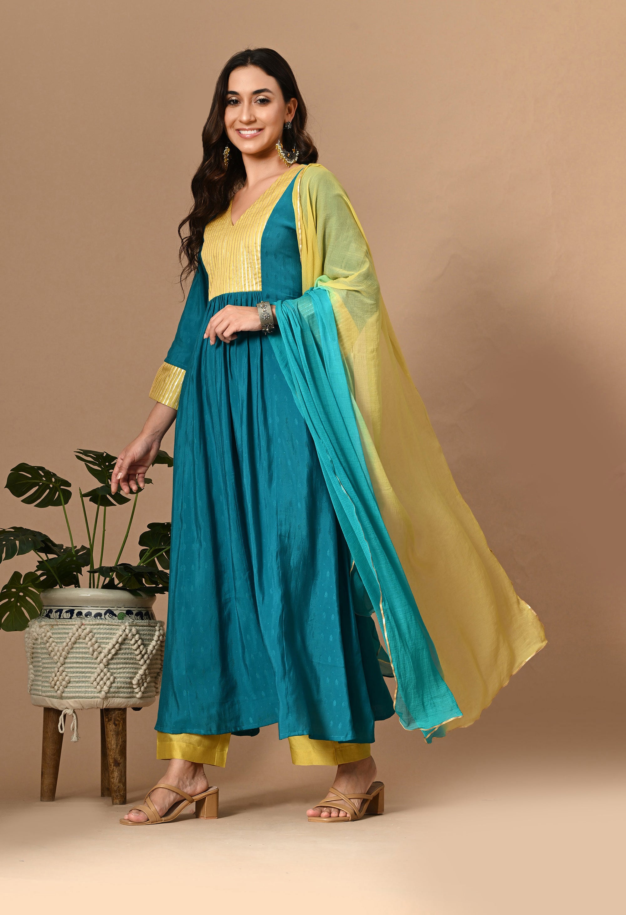 Teal Kurta Set with Gota work_1_Trisukh Clothing
